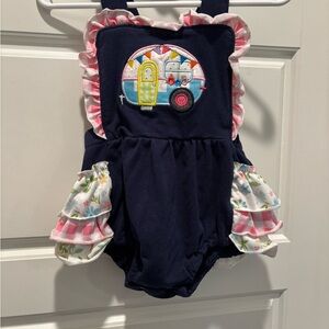 Navy Baby Romper with Pink Ruffle & Camper Patch